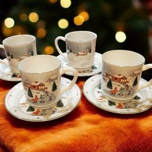 Sango Silent Night Holiday Mug and Saucer Set Of 4